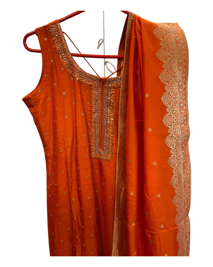 UK10 / 36" - Orange - Silky Ladies Trousers Suit - Sangeet / Henna / Temple - OC42162 TV
