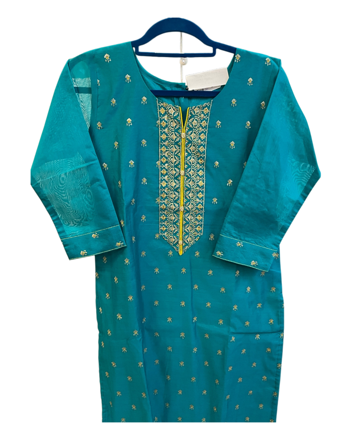 UK10 / 36" - Turquoise Blue with Yellow Dupatta - Cotton Silk Ladies Trousers Suit - Sangeet / Henna / Temple - KCS250176 KC