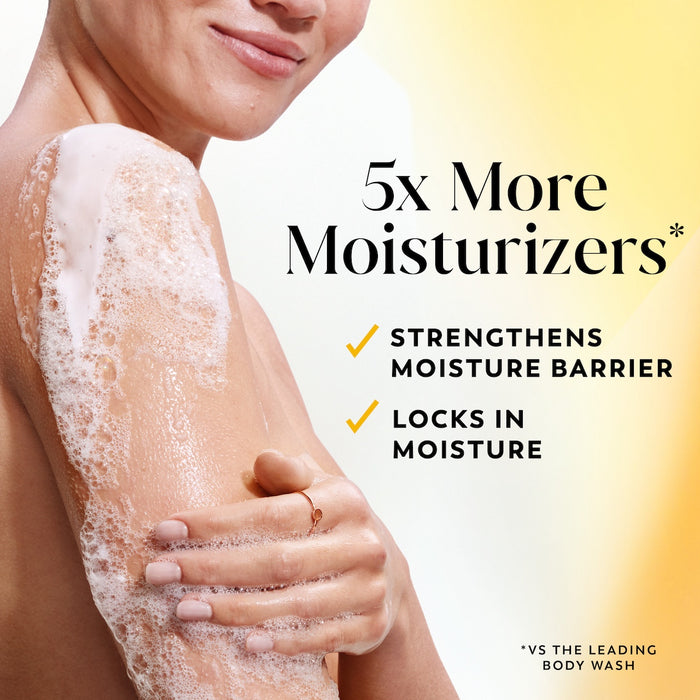 Model posing lathering Ultra Moisture Body Wash Shea Butter on arm. 5x more moisturizers*. Strengthens moisture barrier. Locks in moisture. *vs the leading body wash