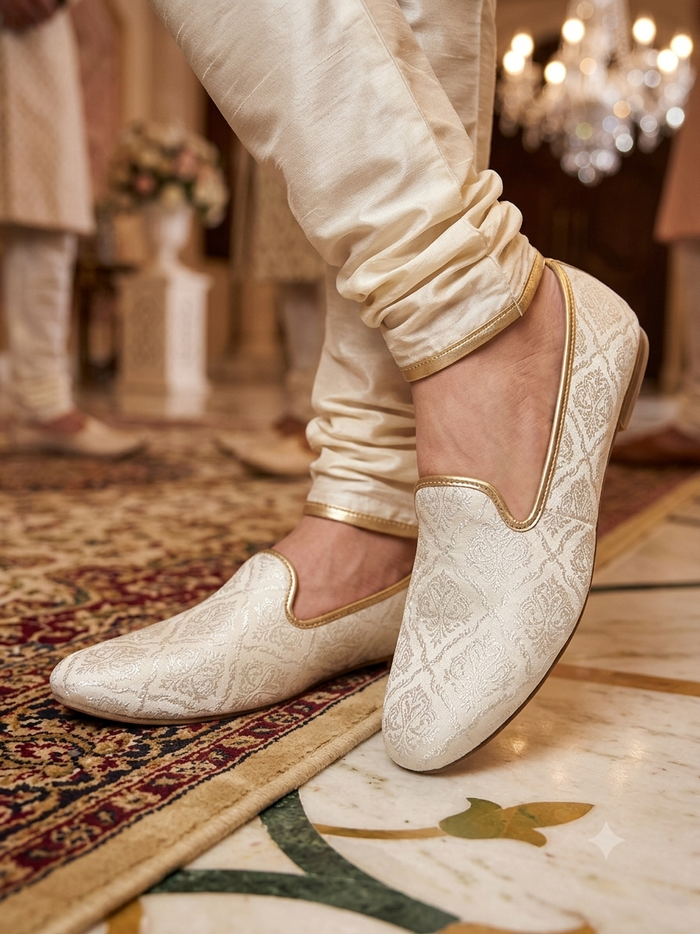 Very Comfortable Cream Brocade Loafer Style Mojri - Indian Mens shoes - Mojari , Khossay -  YD2602