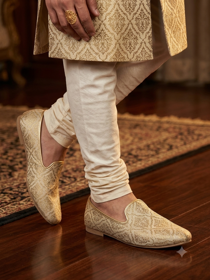 Very Comfortable Dark Gold Brocade Loafer Style Mojri - Indian Mens shoes - Mojari , Khossay -  YD2602