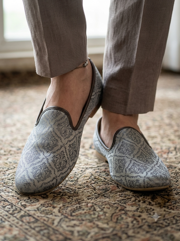 Very Comfortable Silver Grey Brocade Loafer Style Mojri - Indian Mens shoes - Mojari , Khossay -  YD2602
