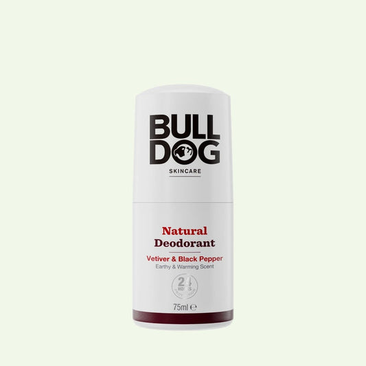 A 75ml white roll-on container labeled Vetiver & Black Pepper Natural Deodorant, offering 24-hour odour protection and an earthy, warming scent, shown on a plain light background.