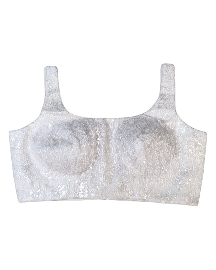 White - Self Embroidered Saree blouse with cups,  Sleeveless - 38" - UK Stock - Quick Delivery - RNK - R873-KK