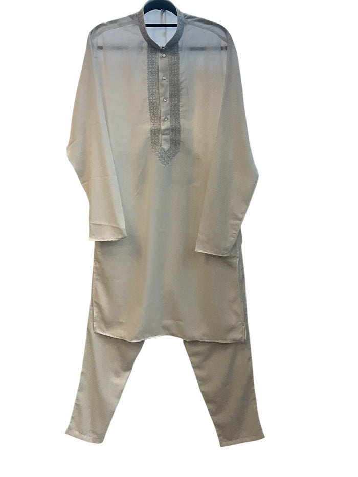 White - Soft Silky Mens Kurta Set with Neck Thread Embroidery -Eid Sangeet Mehendi Haldi - KCS2001 06KH26
