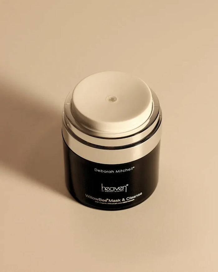 Black jar of Willow Bee Mask & Cleanse by Deborah Mitchell, with a white pump lid.