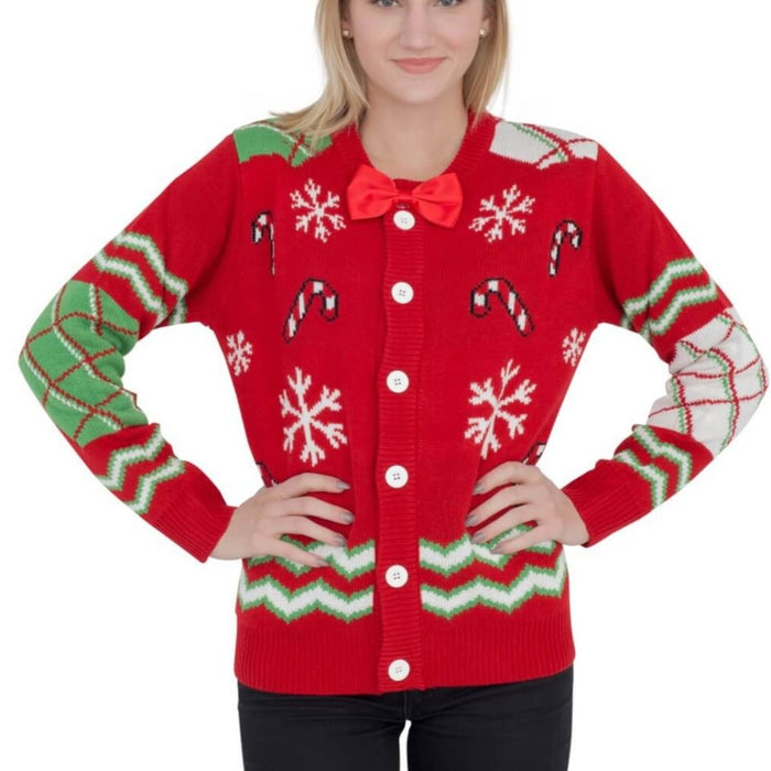 Women’s Candy Canes and Snowflakes Button Up Ugly Christmas Sweater with Bowtie
