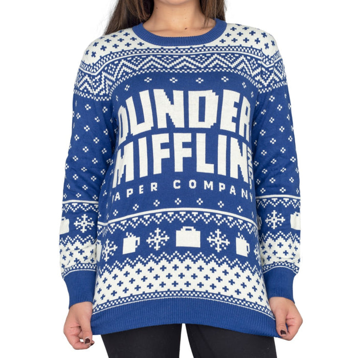 Women's The Office Dunder Mifflin Blue Ugly Christmas Sweater 1