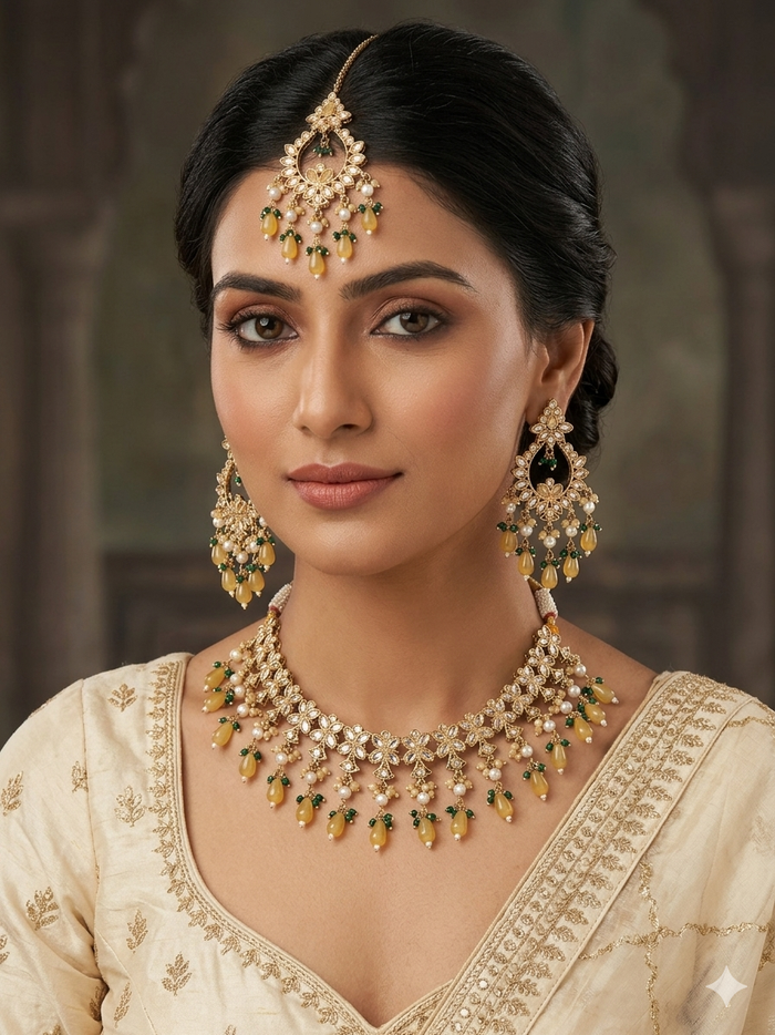 Yellow - Large Size Antique Gold Finish Necklace Set with Earrings - HB999  KT 0424