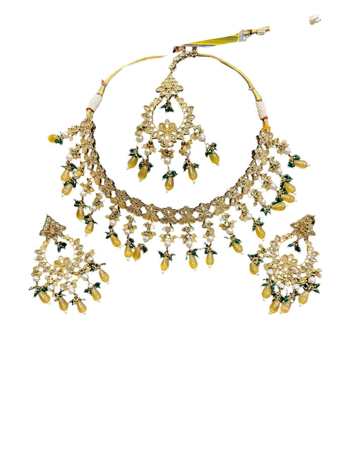 Yellow - Large Size Antique Gold Finish Necklace Set with Earrings - HB999  KT 0424