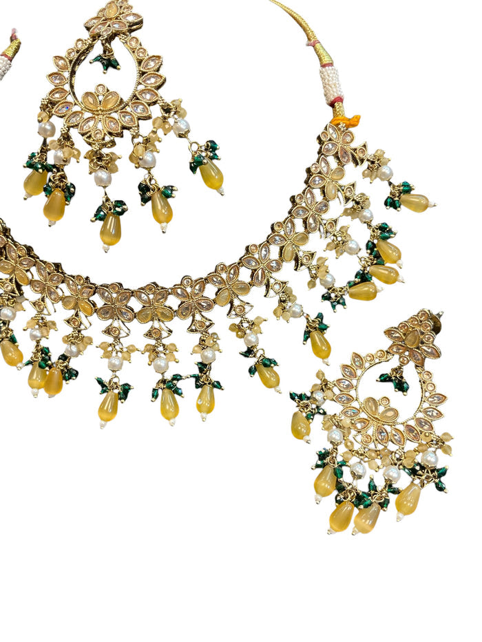 Yellow - Large Size Antique Gold Finish Necklace Set with Earrings - HB999  KT 0424