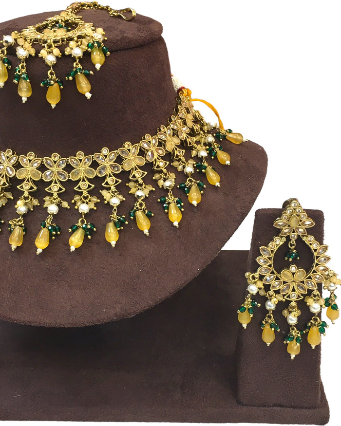 Yellow - Large Size Antique Gold Finish Necklace Set with Earrings - HB999  KT 0424